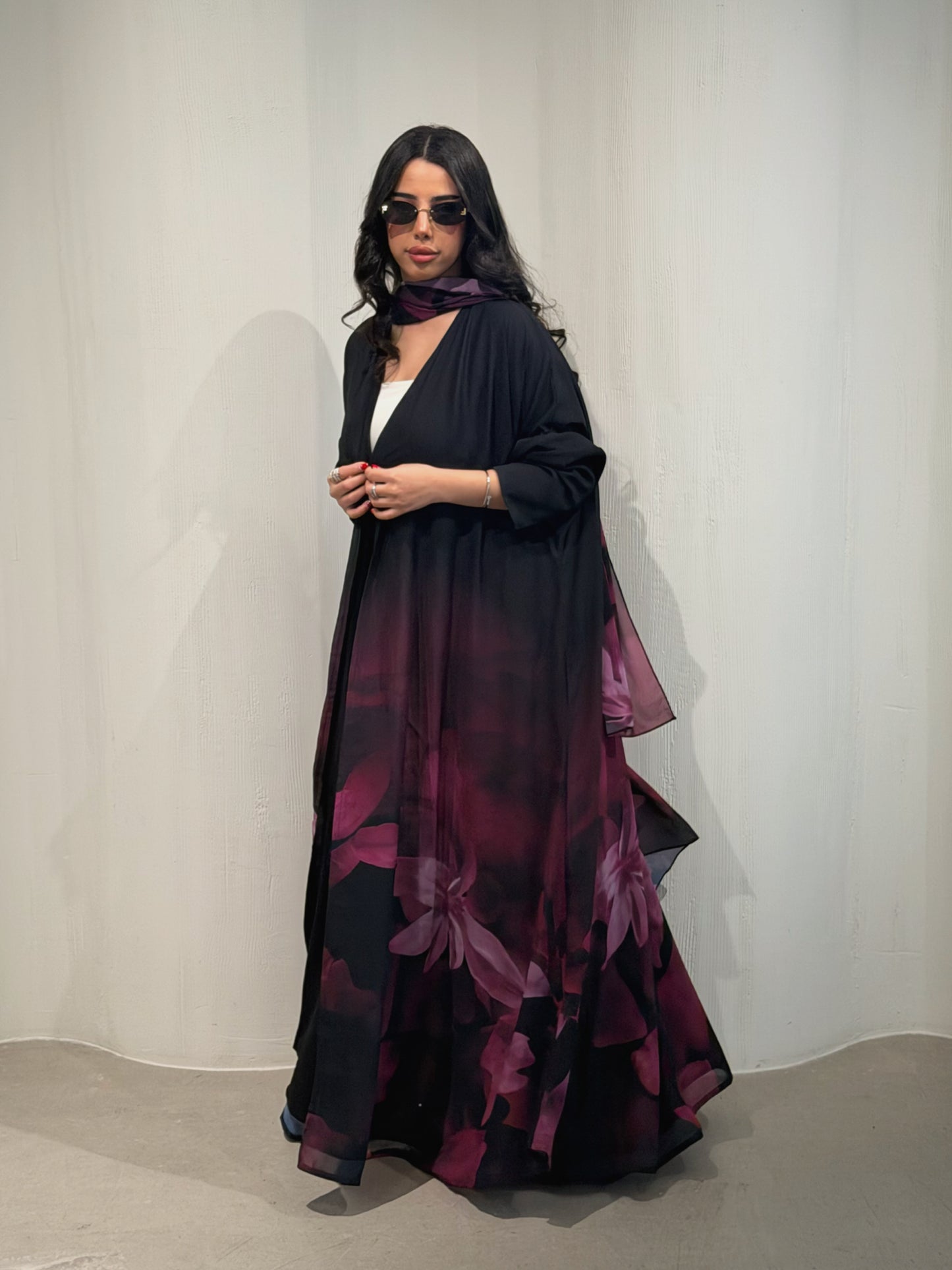 N172 - Chiffon fuchsia A cut abaya with matching headscarf