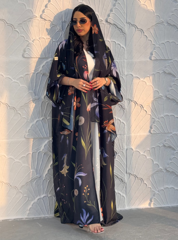 N093 - Floral A cut black abaya