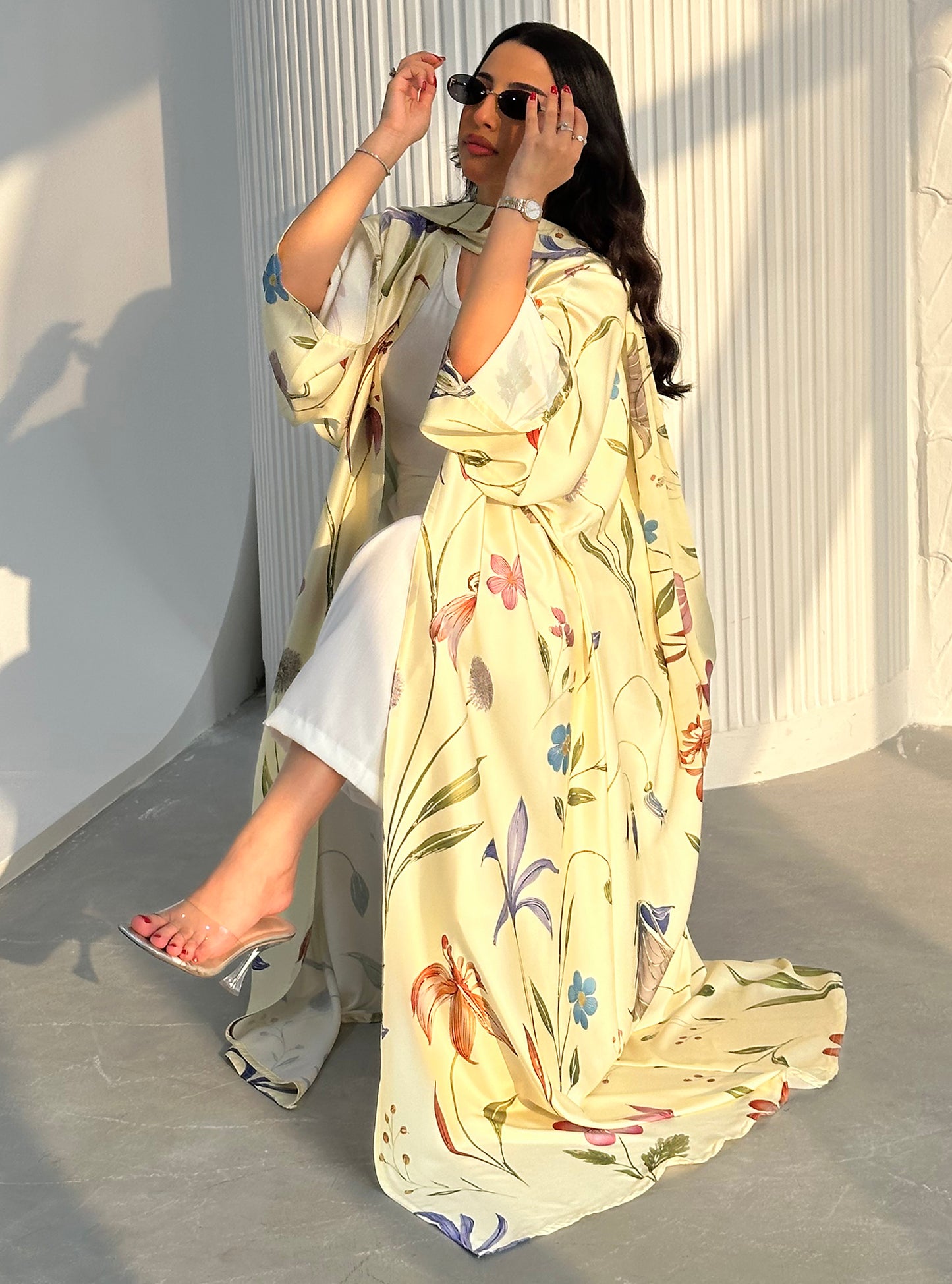 N096 - Floral A cut butter yellow abaya