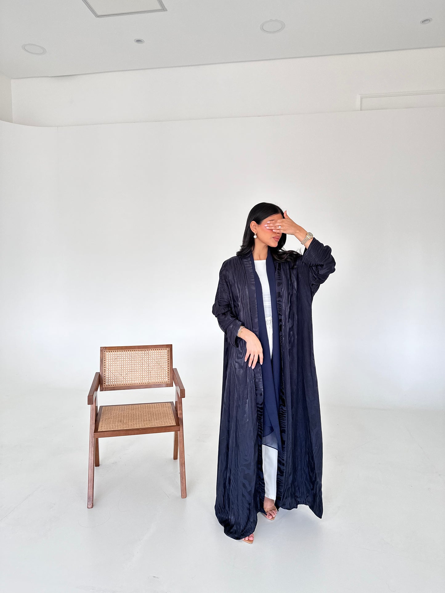 N051 - Navy silk jacquard abaya