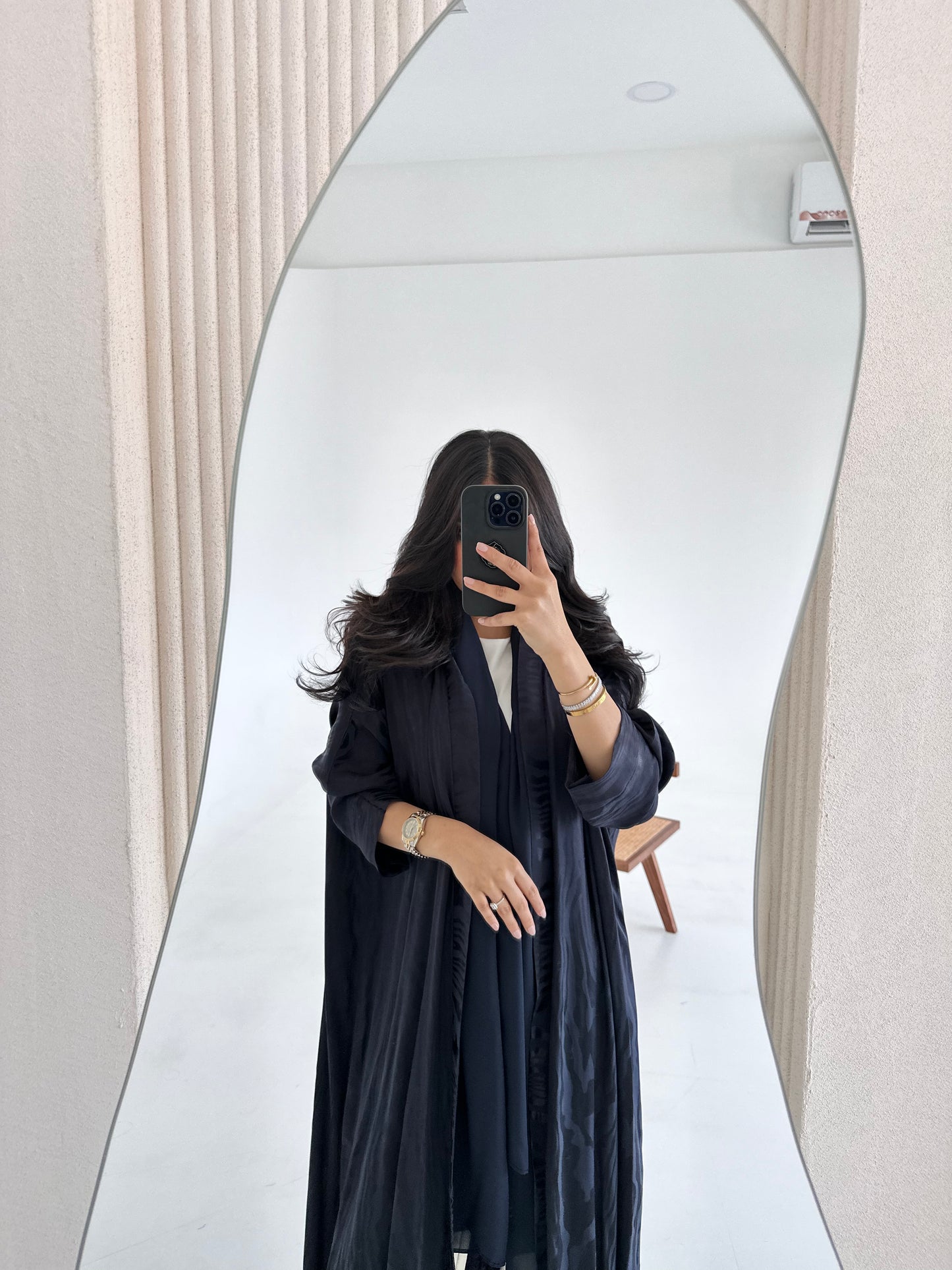 N051 - Navy silk jacquard abaya