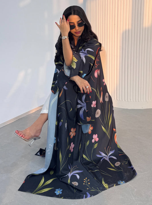 N093 - Floral A cut black abaya