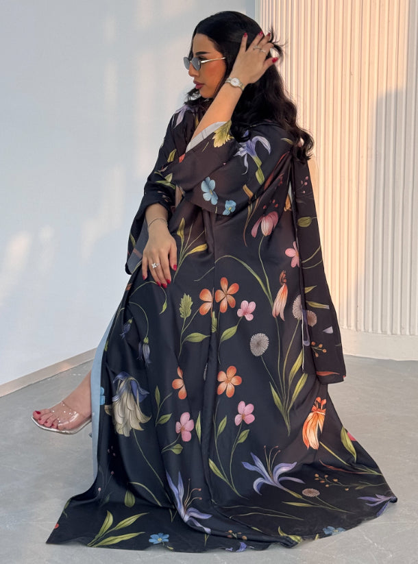 N093 - Floral A cut black abaya