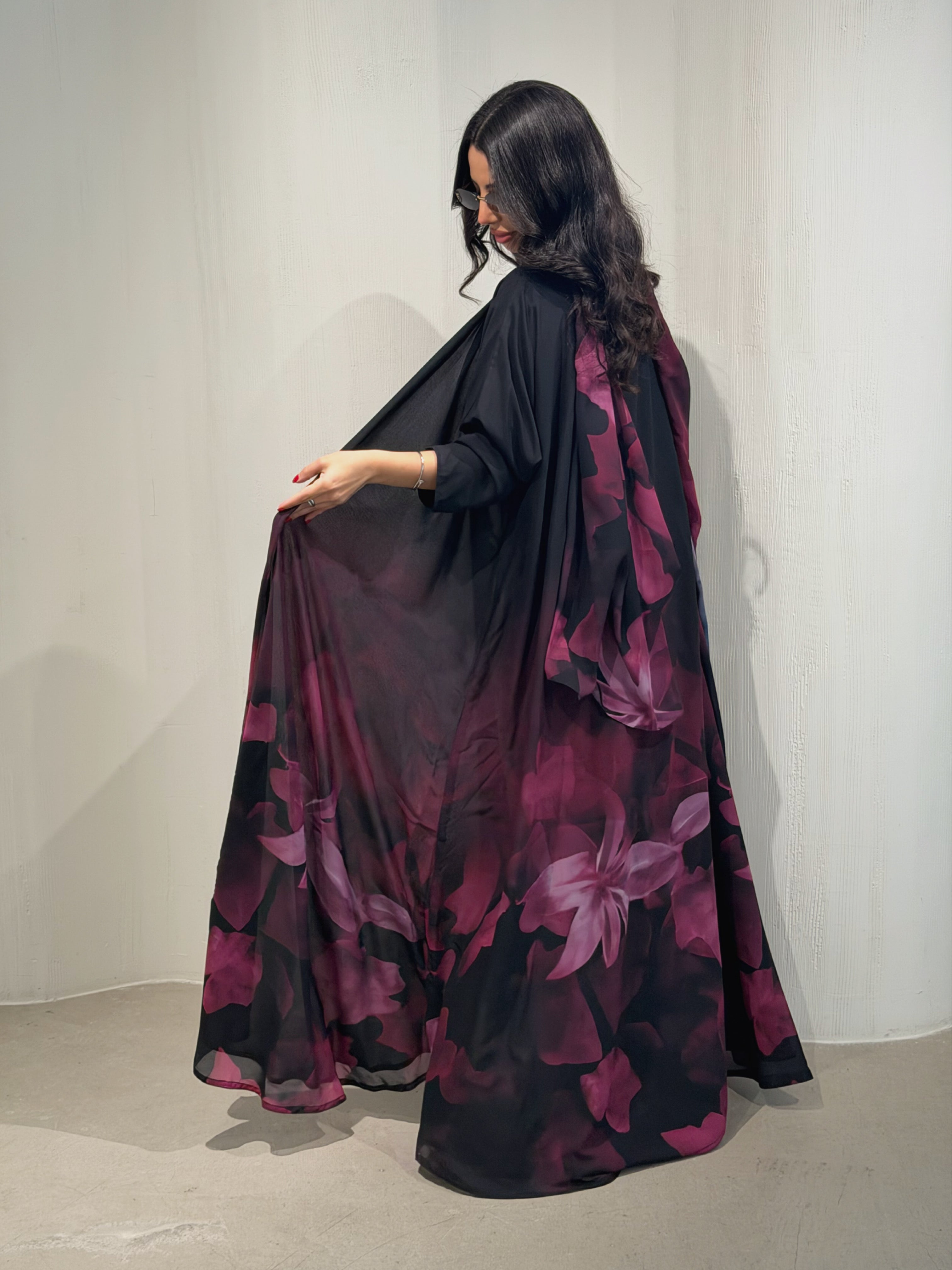 N172 - Chiffon fuchsia A cut abaya with matching headscarf