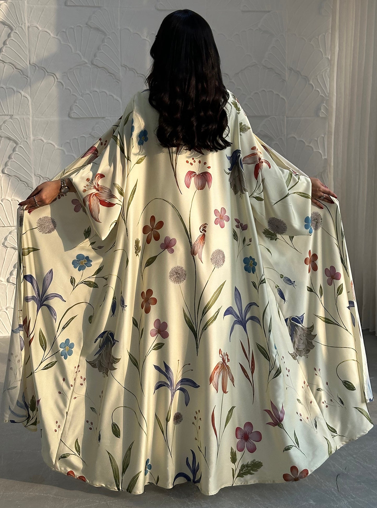N096 - Floral A cut butter yellow abaya