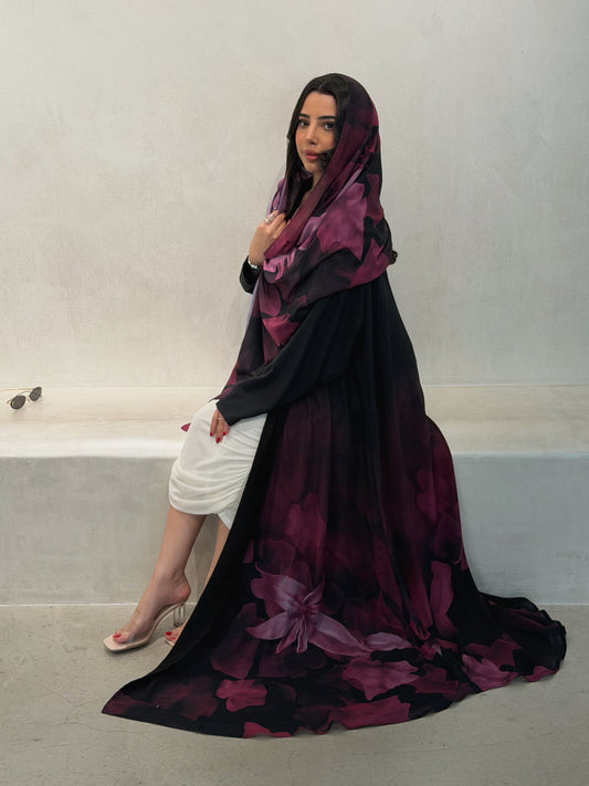 N172 - Chiffon fuchsia A cut abaya with matching headscarf