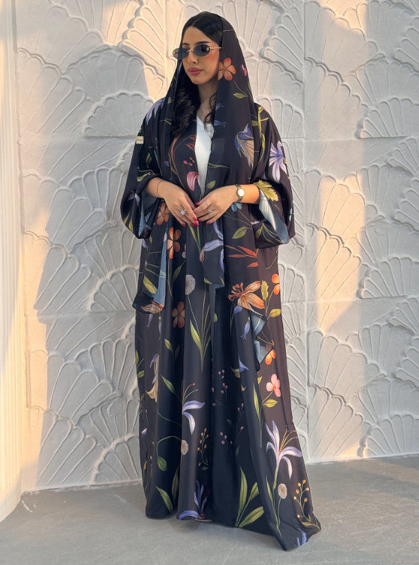 N093 - Floral A cut black abaya