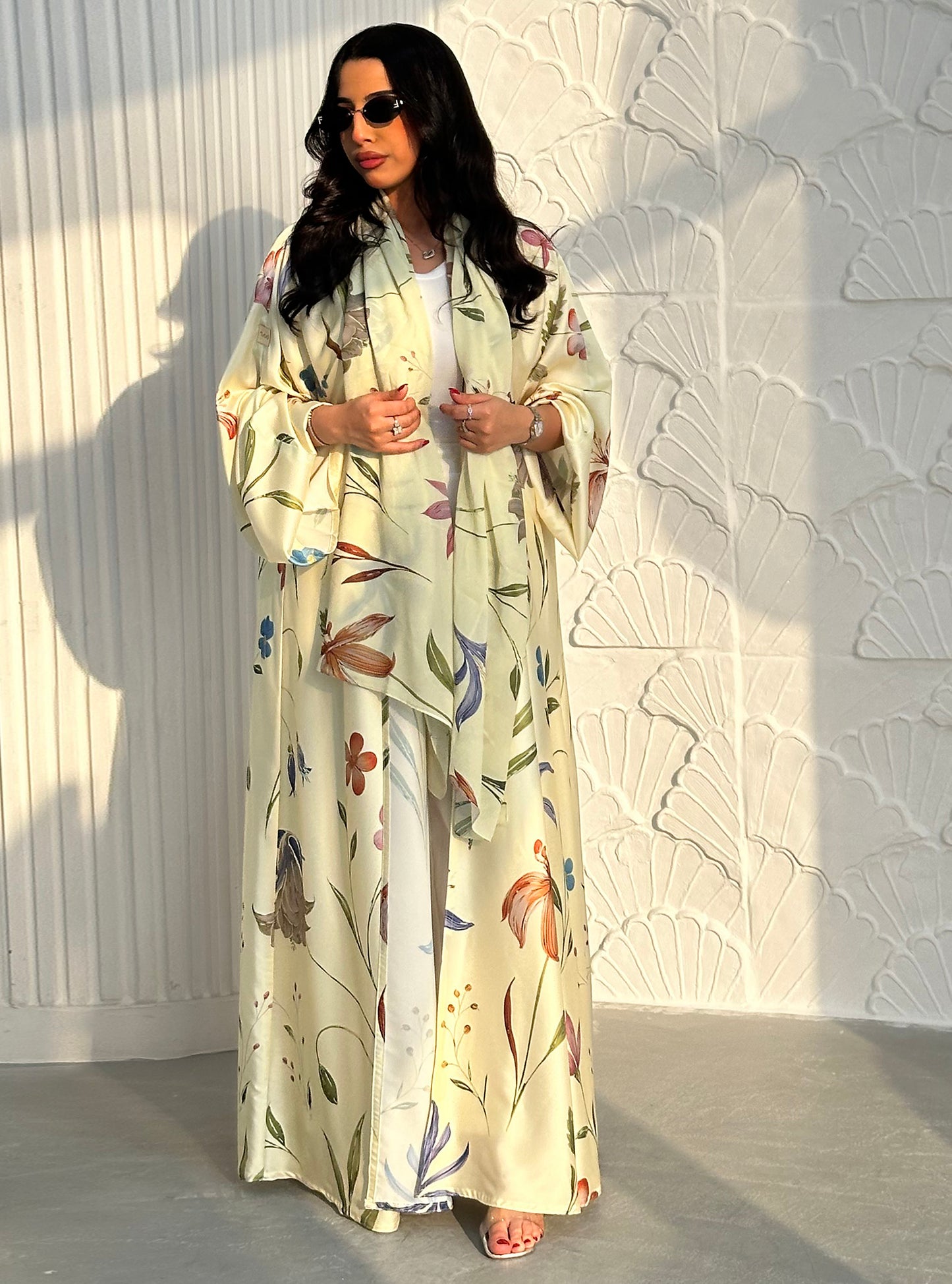 N096 - Floral A cut butter yellow abaya