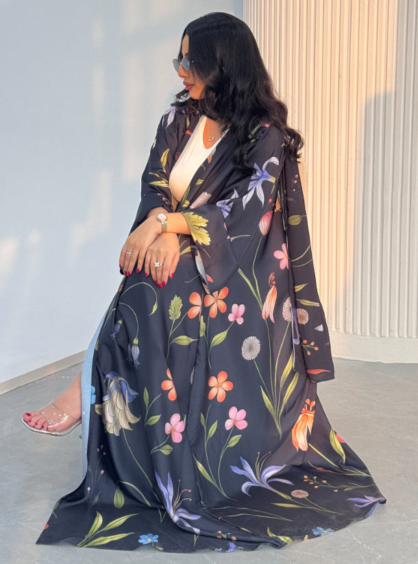 N093 - Floral A cut black abaya