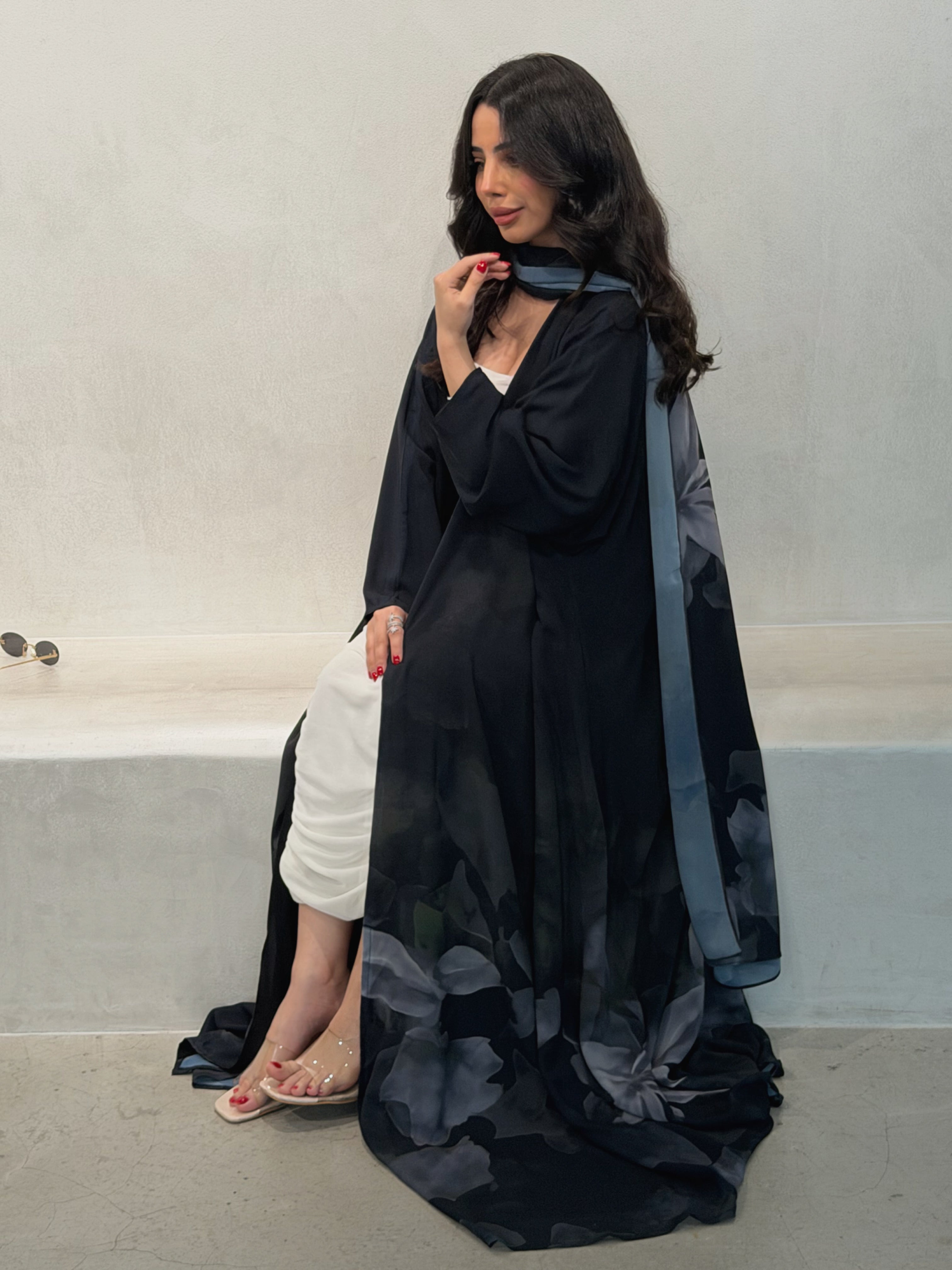 N173 - Chiffon army green A cut abaya with matching headscarf