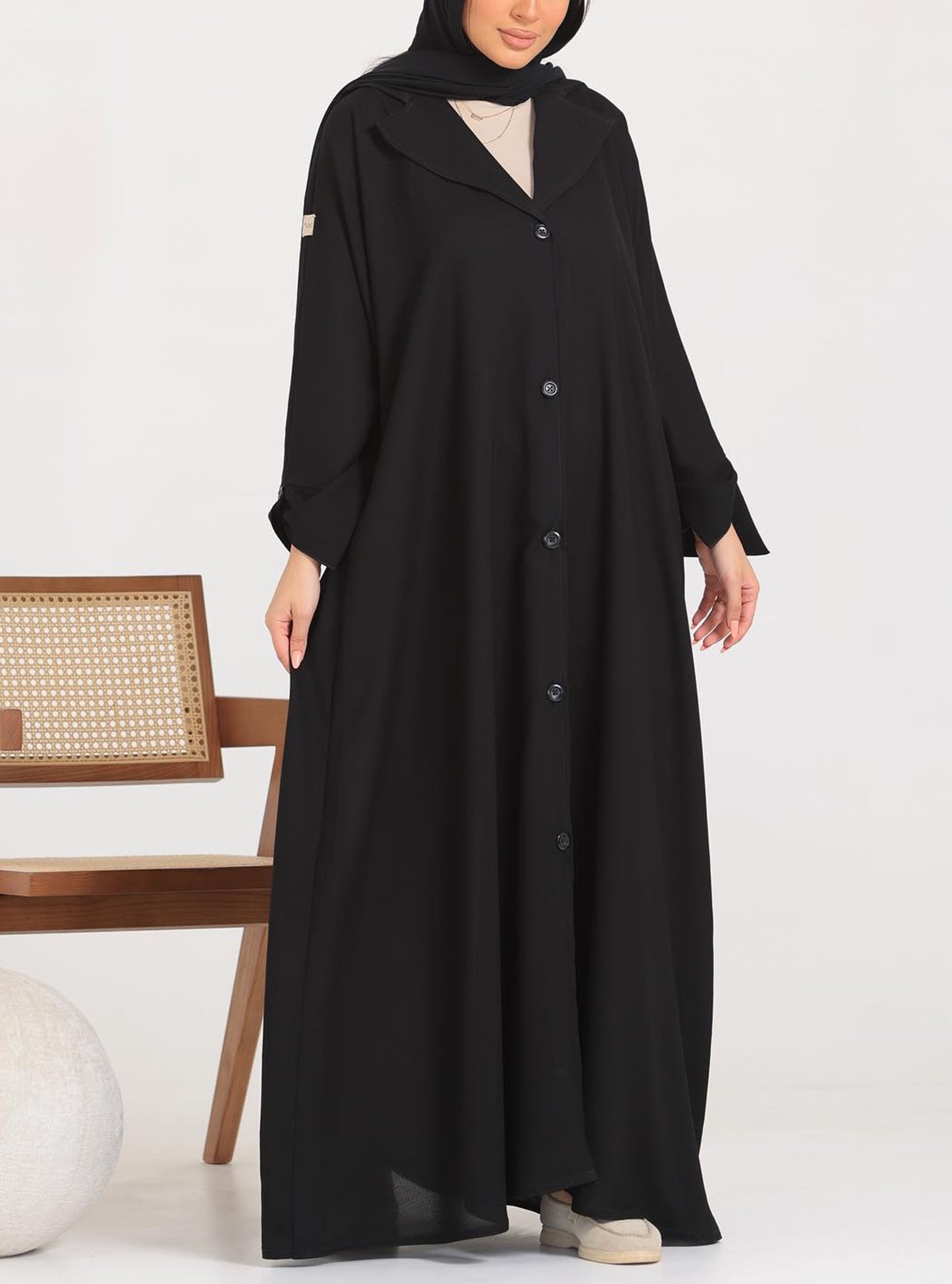 N010 - Black A-line jacket buttons abaya