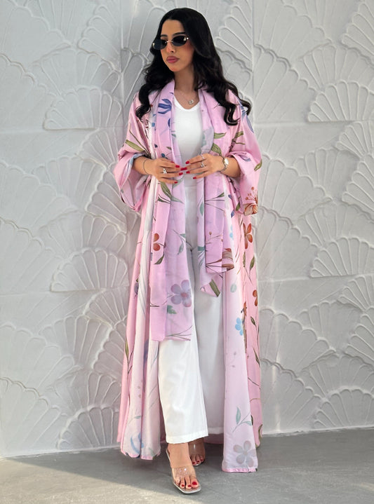 N094 - Floral A cut pink abaya