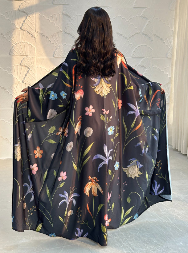N093 - Floral A cut black abaya