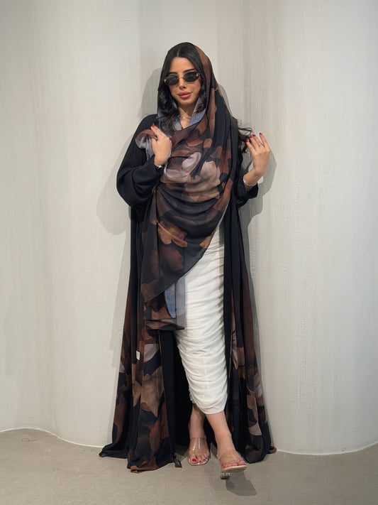 N174 - Chiffon brown A cut abaya with matching headscarf