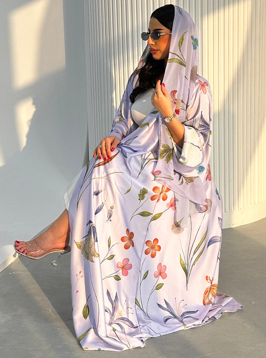 N095 - Floral A cut purple abaya