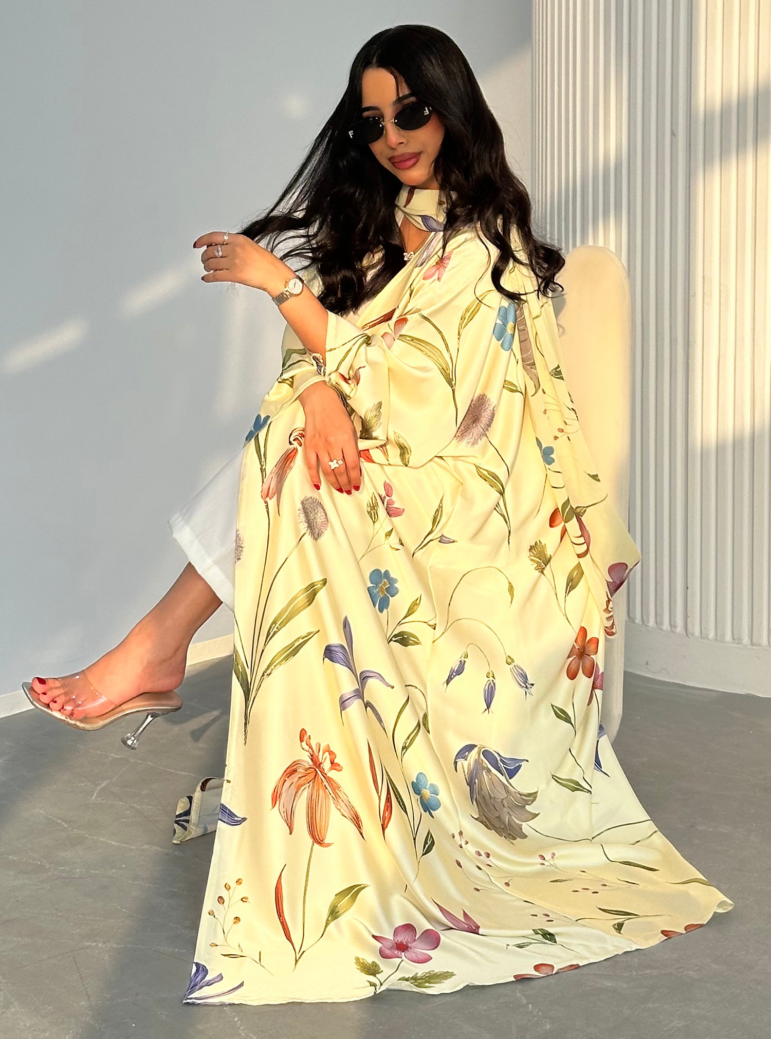 N096 - Floral A cut butter yellow abaya