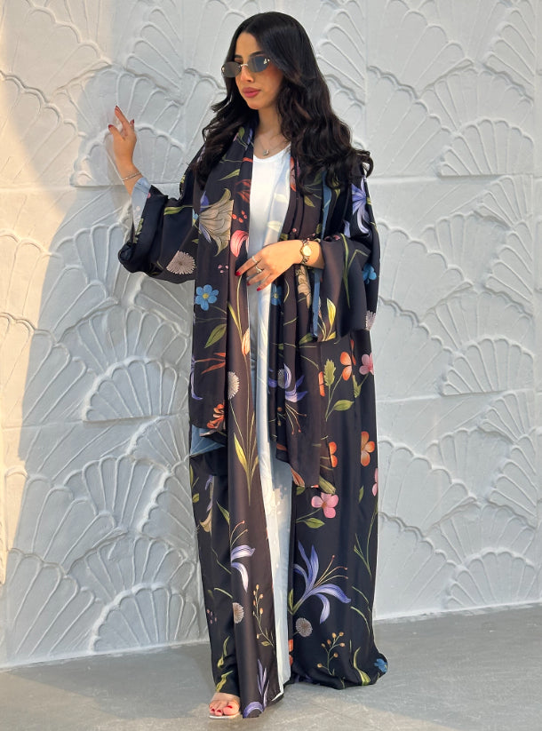 N093 - Floral A cut black abaya