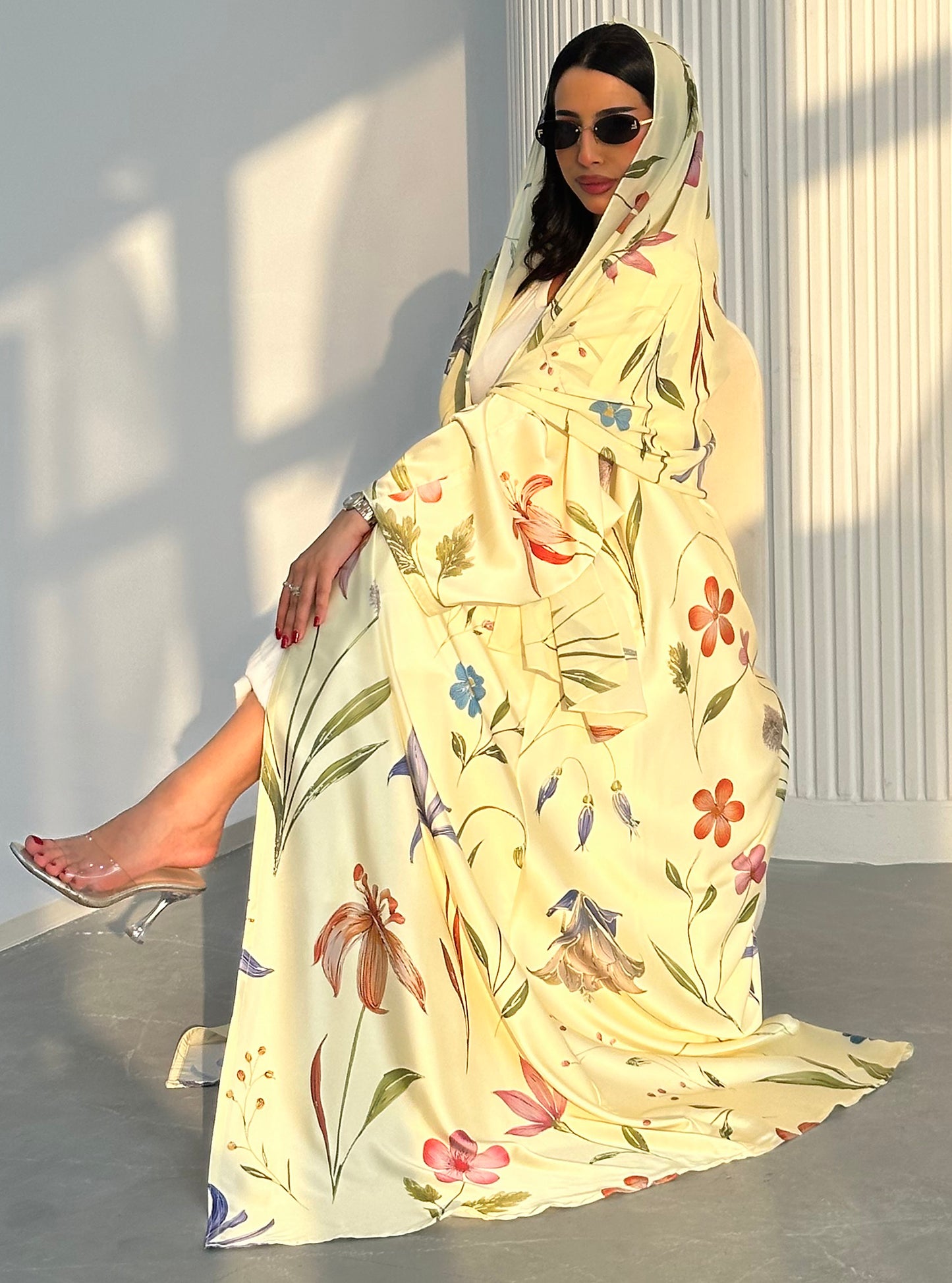 N096 - Floral A cut butter yellow abaya