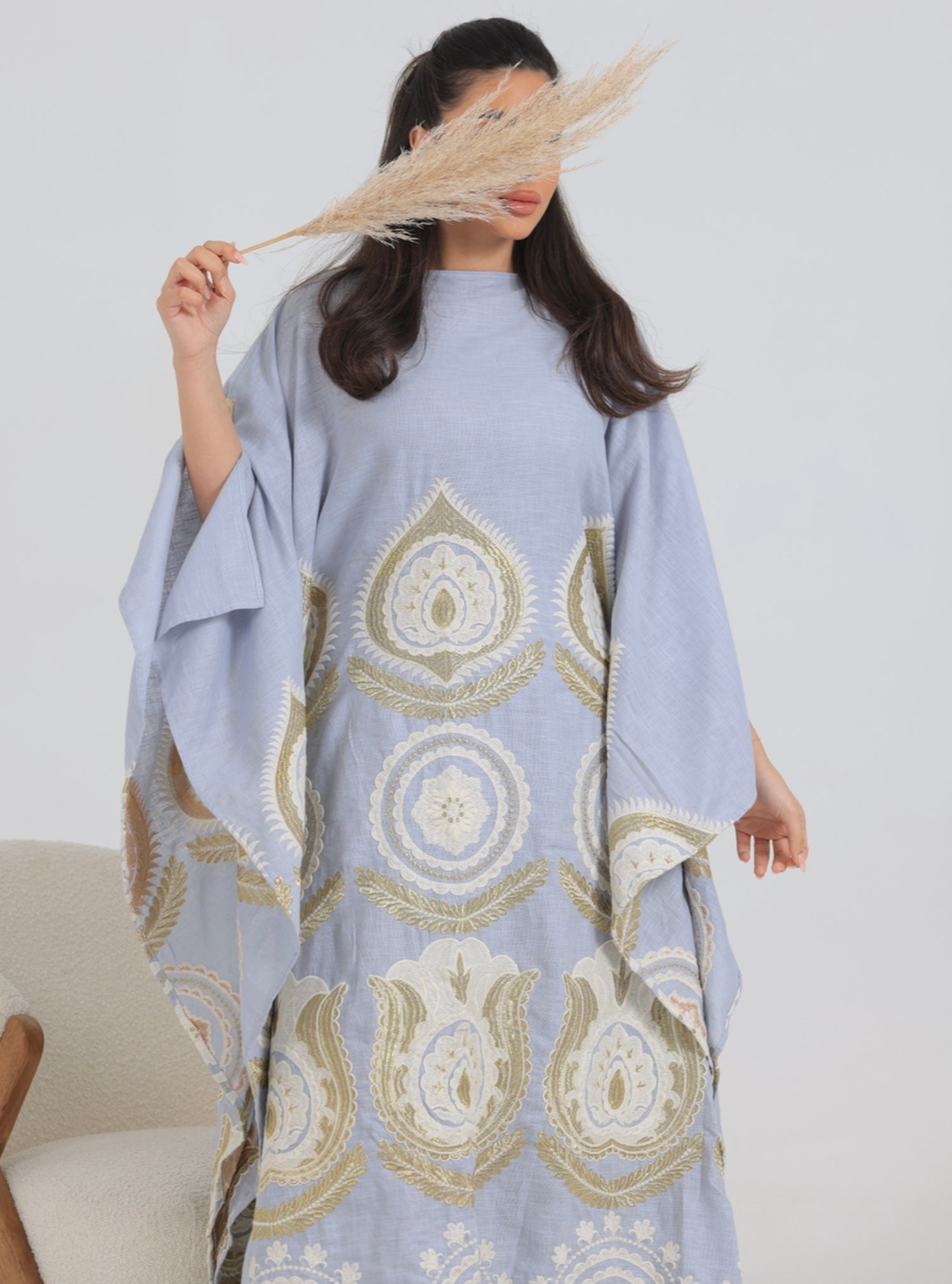 N018 - Pastel blue  embroidery jalabiya