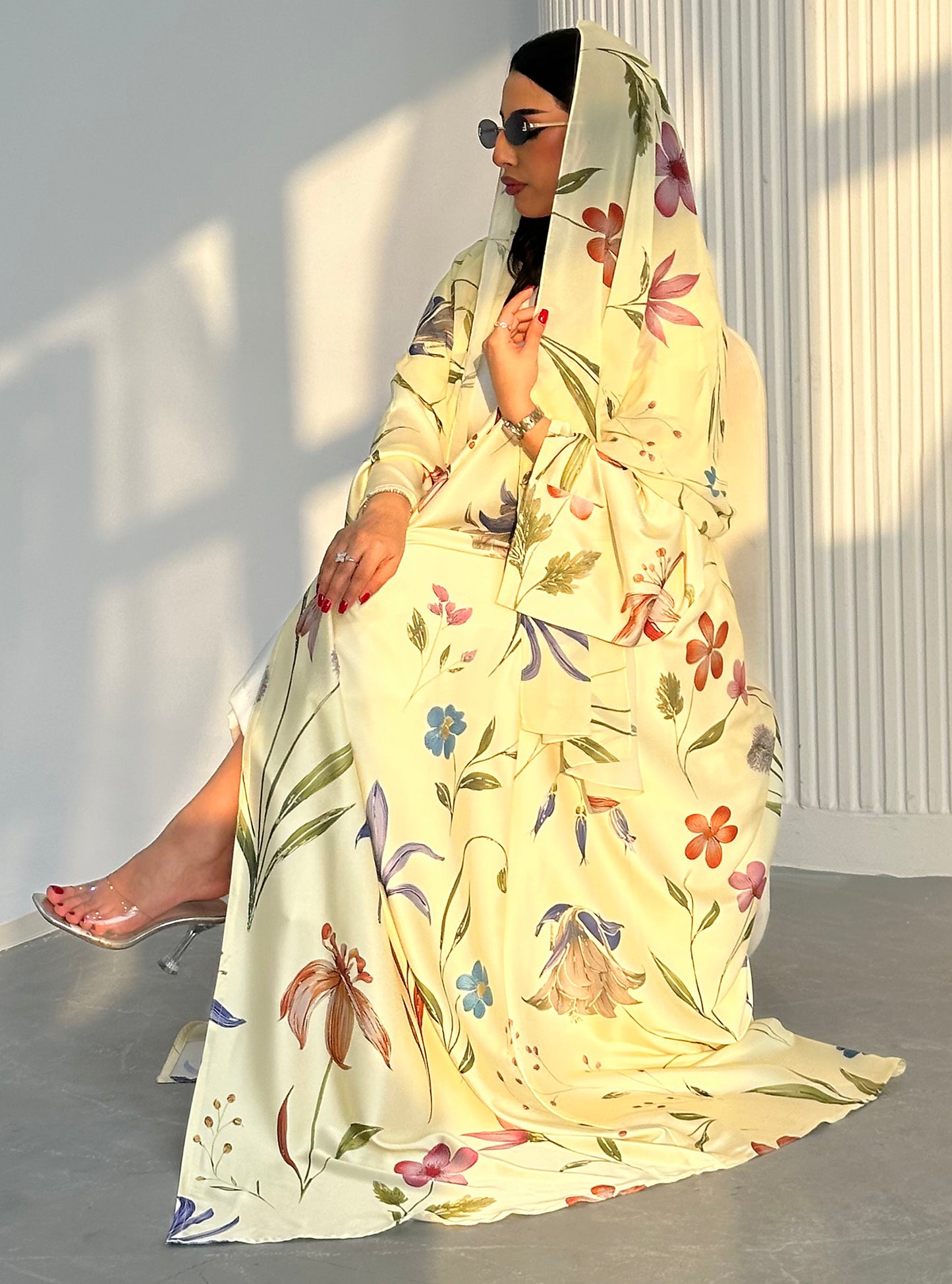 N096 - Floral A cut butter yellow abaya