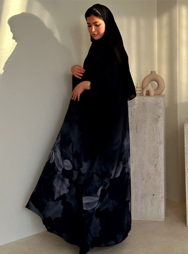 N088 - Black & Grey Print Abaya