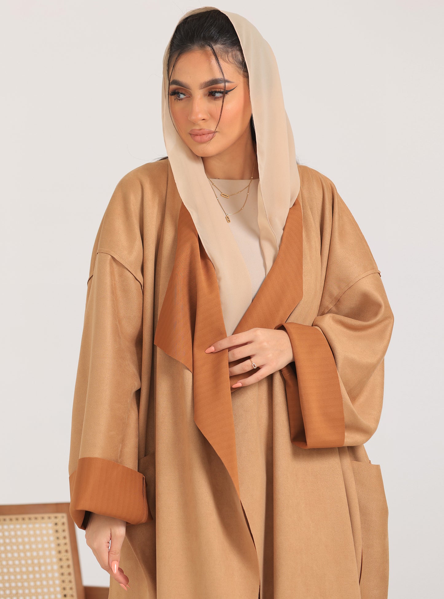 N005 - Chamois two-toned camel trench coat Abaya