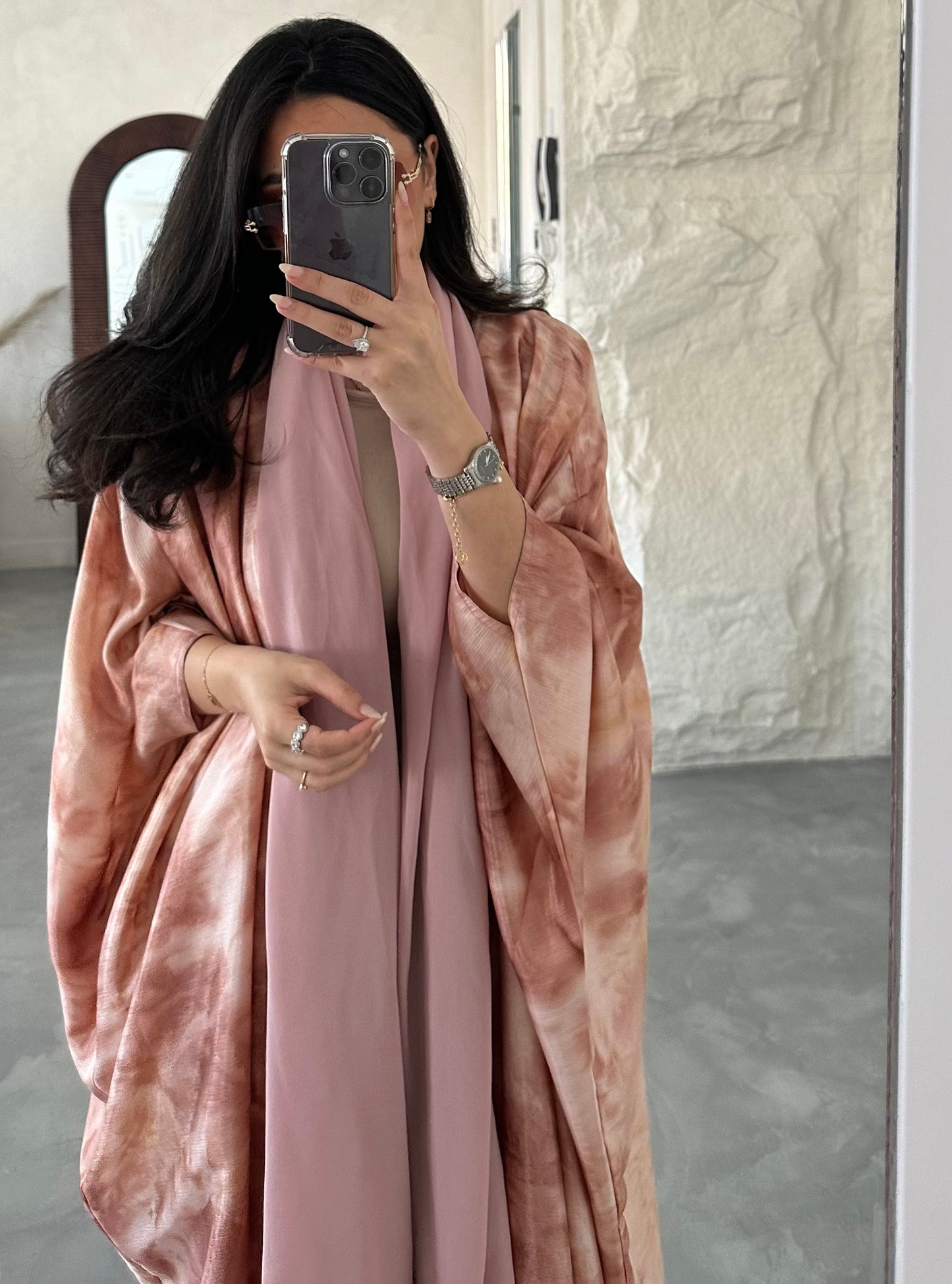 N045 -Peach tie die abaya