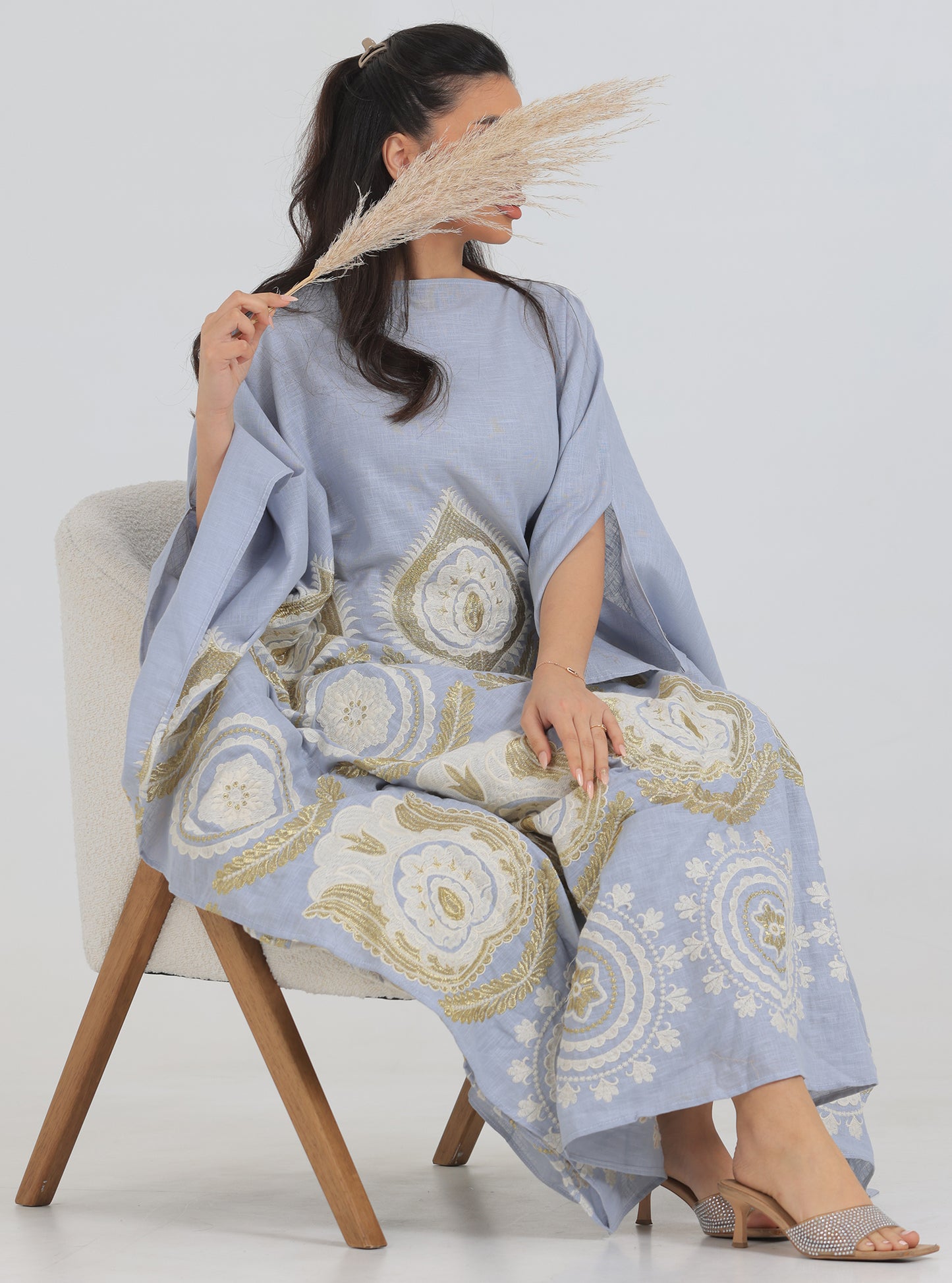 N018 - Pastel blue  embroidery jalabiya