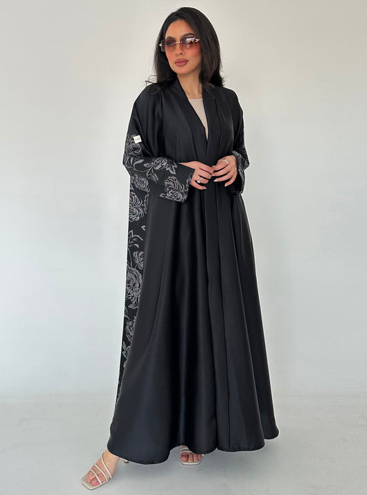 N042 - Floral jacquard black abaya