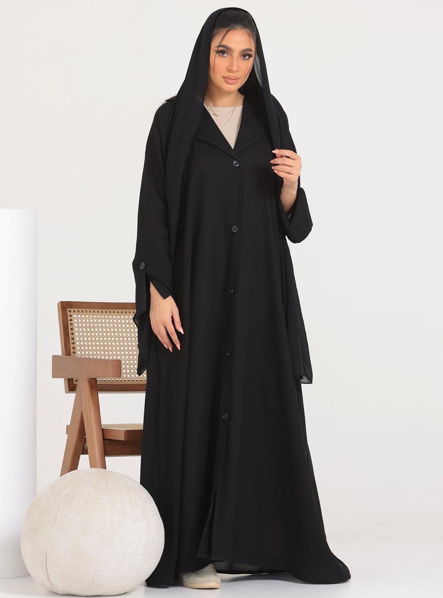 N010 - Black A-line jacket buttons abaya