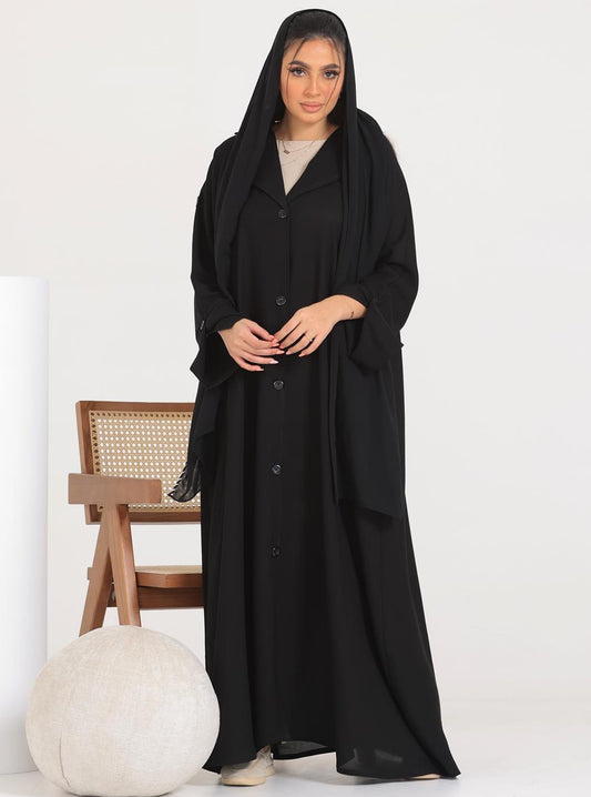 N010 - Black A-line jacket buttons abaya